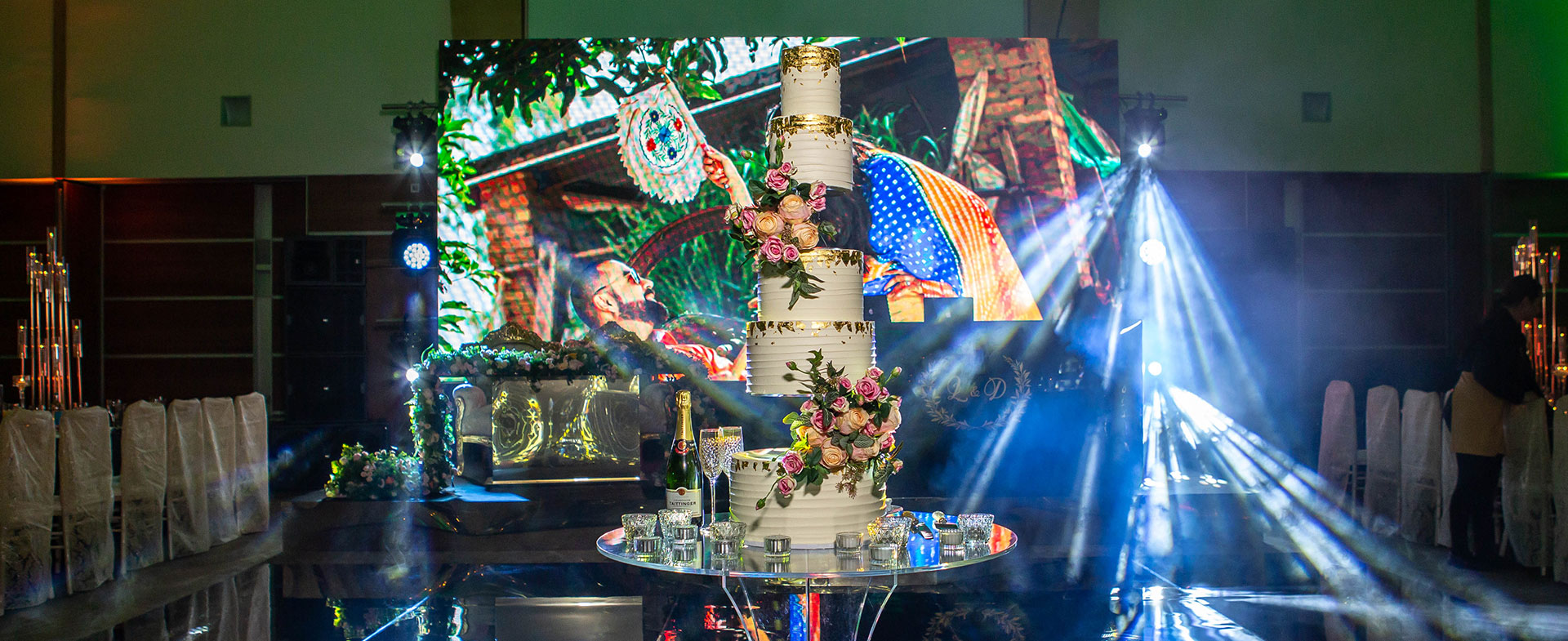 7 Tier Side Floating Wedding Cake with Florals Full
