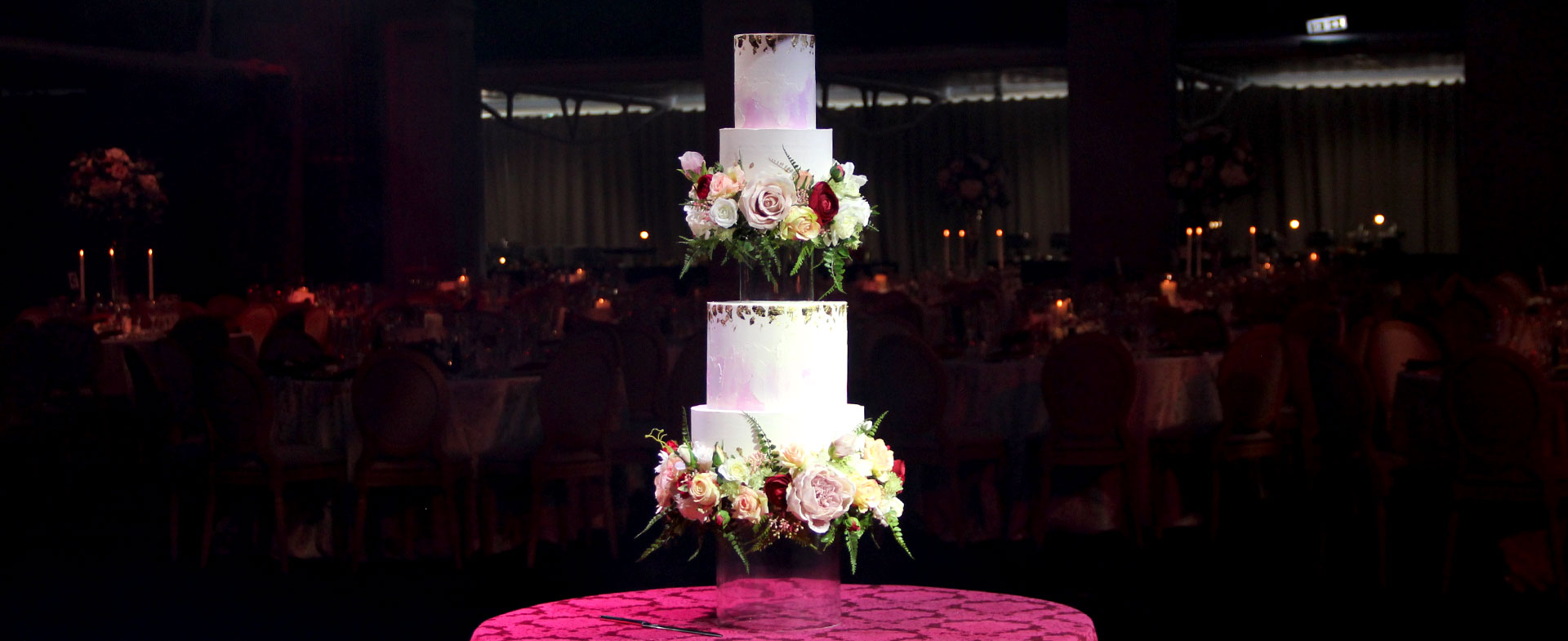 Glass Floating Wedding Cake with Watercolour Tiers & Floral Rims Full