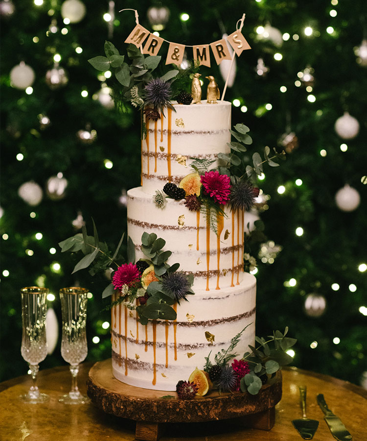 Semi Naked Wedding Cake with Drip & Foliage