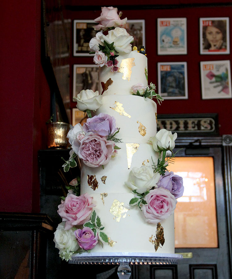 White & Gold Wedding Cake Pastel Flower Clusters