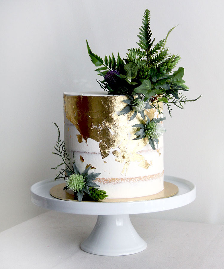 Semi Naked Gold & Foliage Heavy Engagement Cake