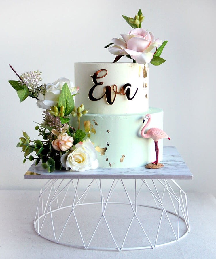 Mini 2 Tier Pastel Green & Pink Celebration Cake with Cake Charm