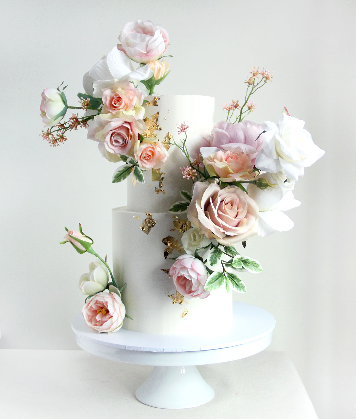 2 Tier All White & Romantic Pastel Pink Flowers