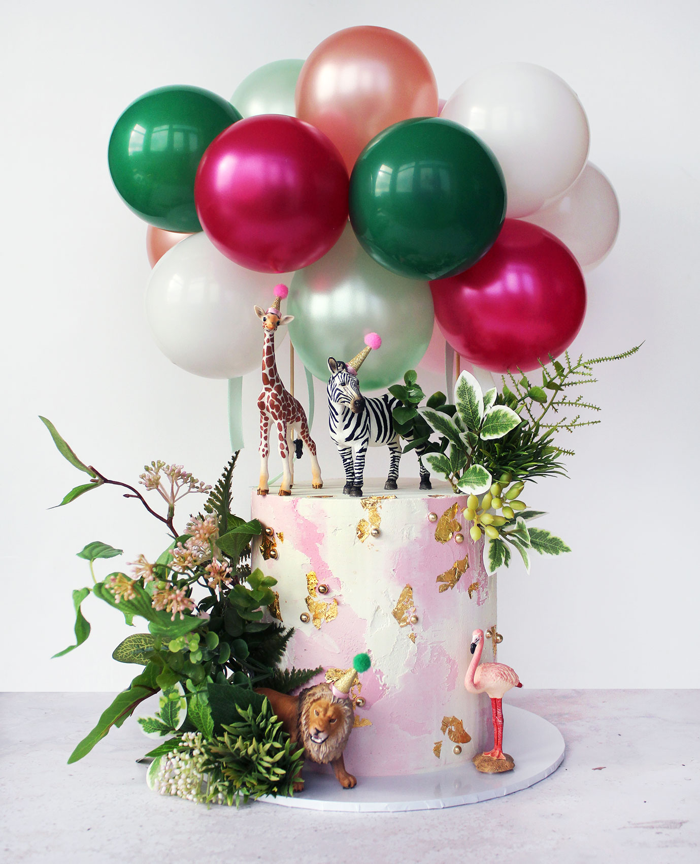 Watercolour Pink Safari Cake with Balloons